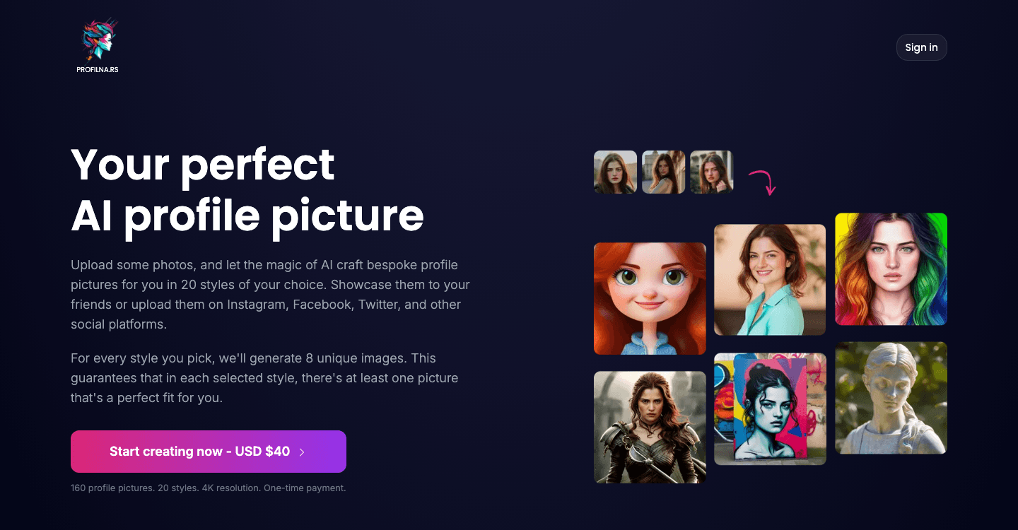 The Profilna landing page with the headline Your perfect AI profile picture and a grid of example results.