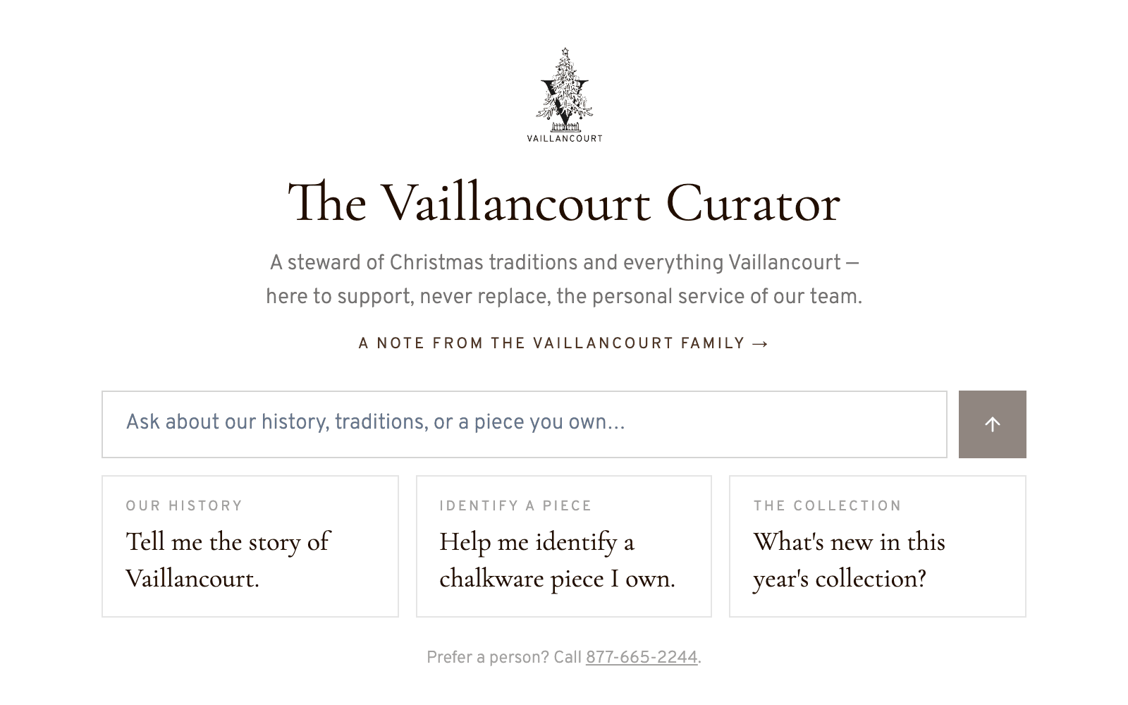 The Curator welcome screen with a question field, three suggested starting points and the studio's phone number.