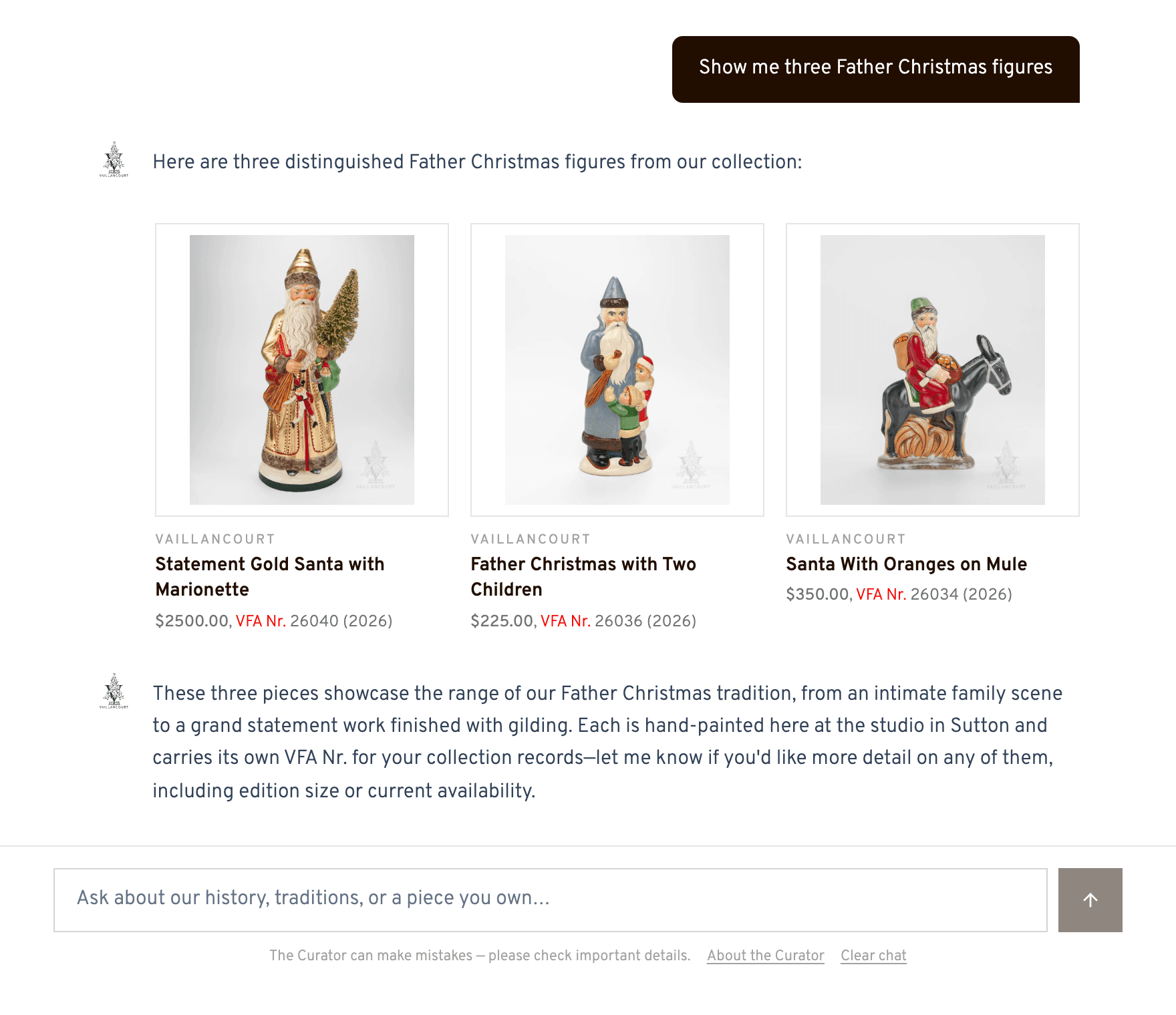 The Curator answering a request for Father Christmas figures with three product cards inside the conversation.