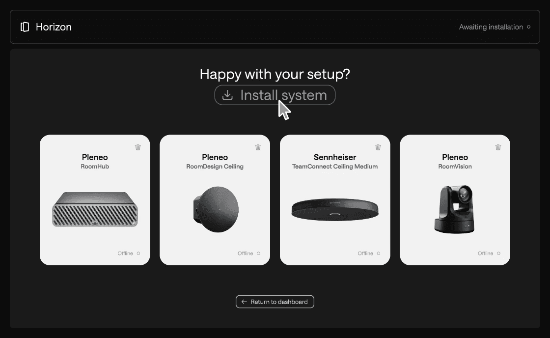 The RoomHub setup screen reviewing the room's devices before install.