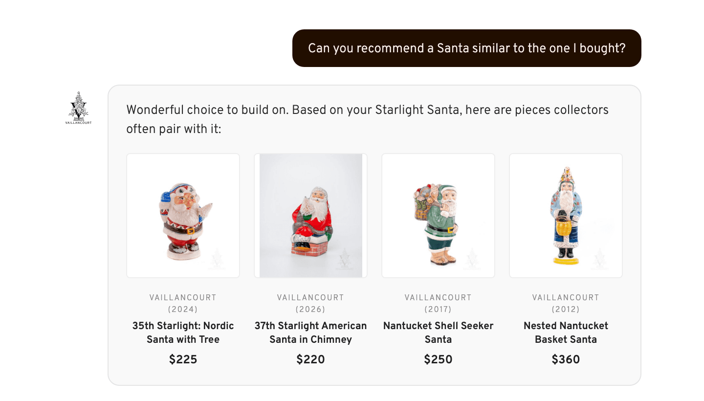 The Christmas Curator recommending pieces with product cards inside the conversation.