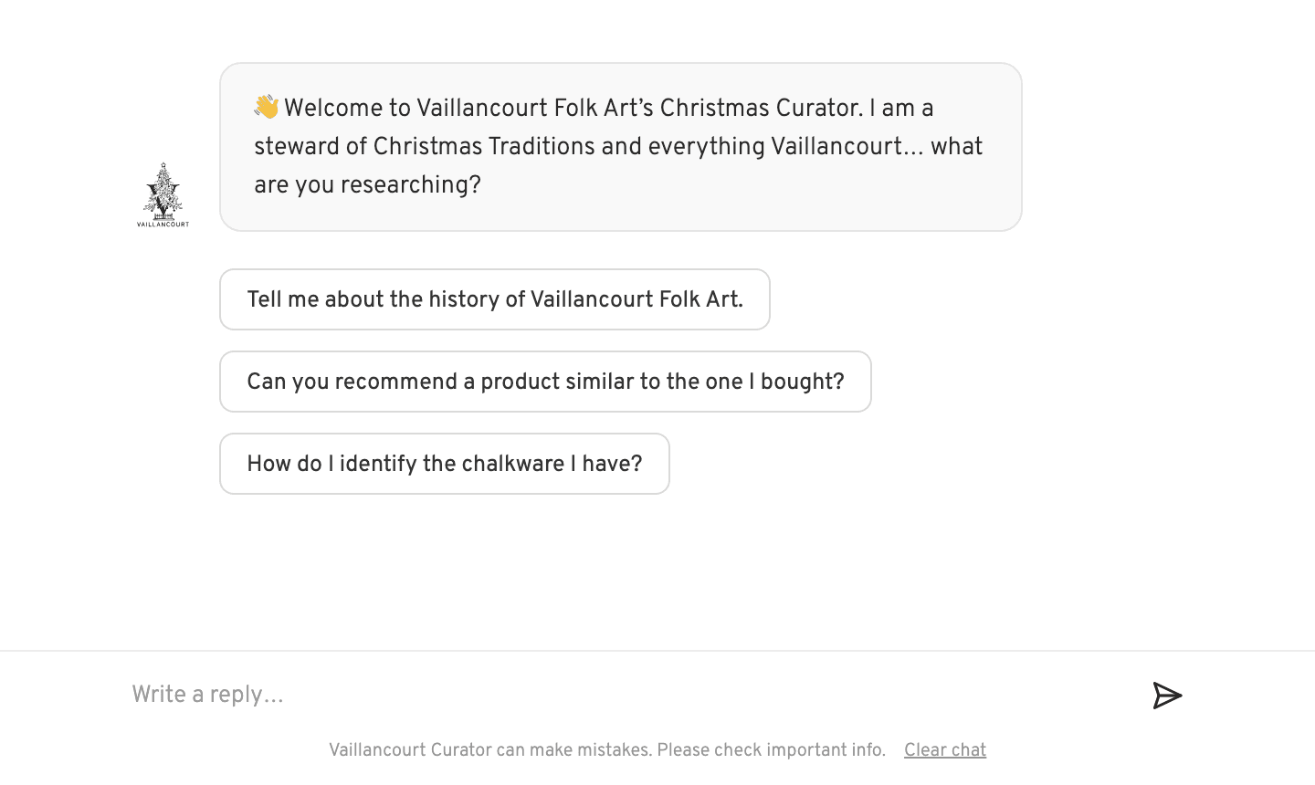 The Christmas Curator welcome screen greeting a collector with suggested questions.